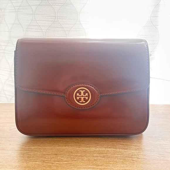 New Tory Burch Brown Messenger Bag with Leather and Gold Emblem